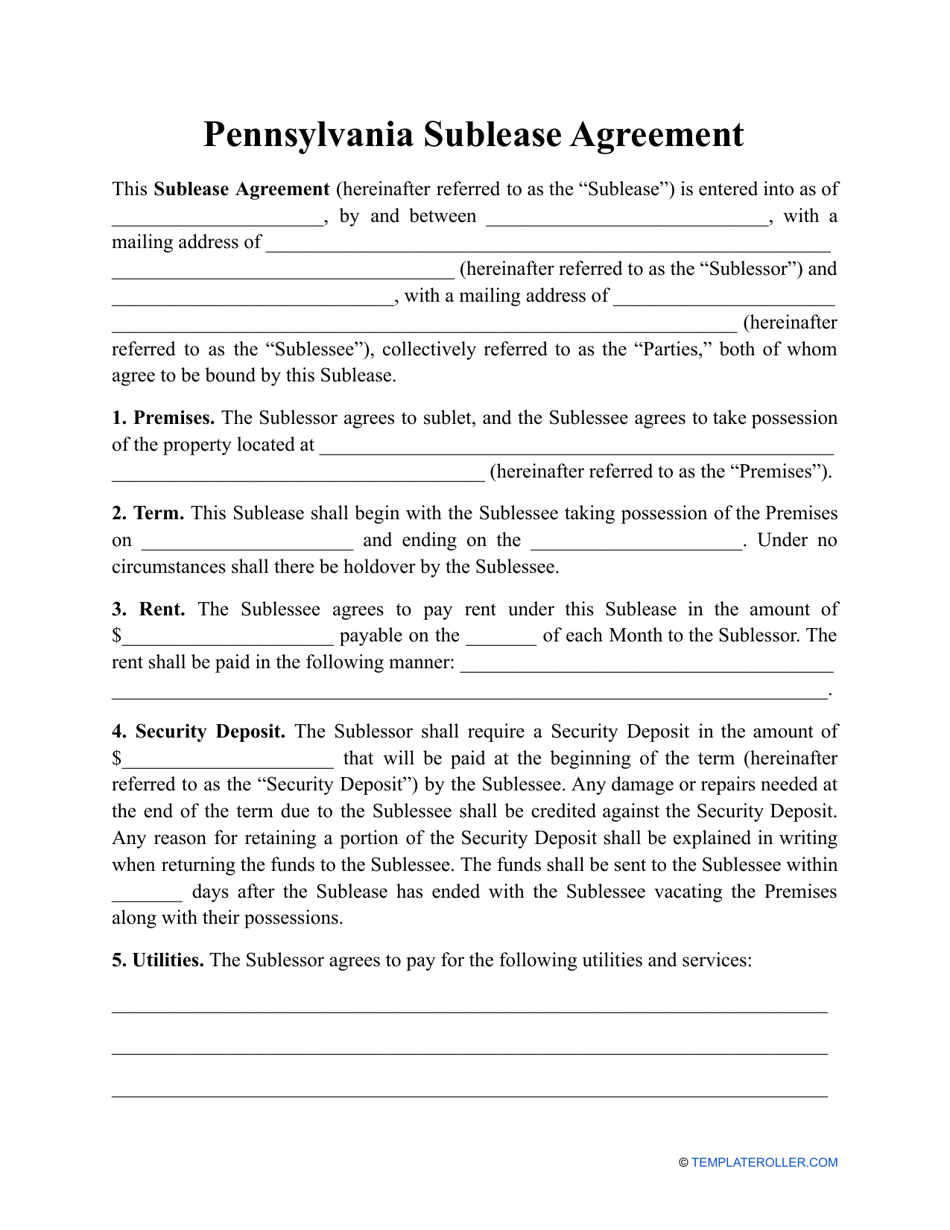 Sublease Agreement Template - Pennsylvania, Page 1