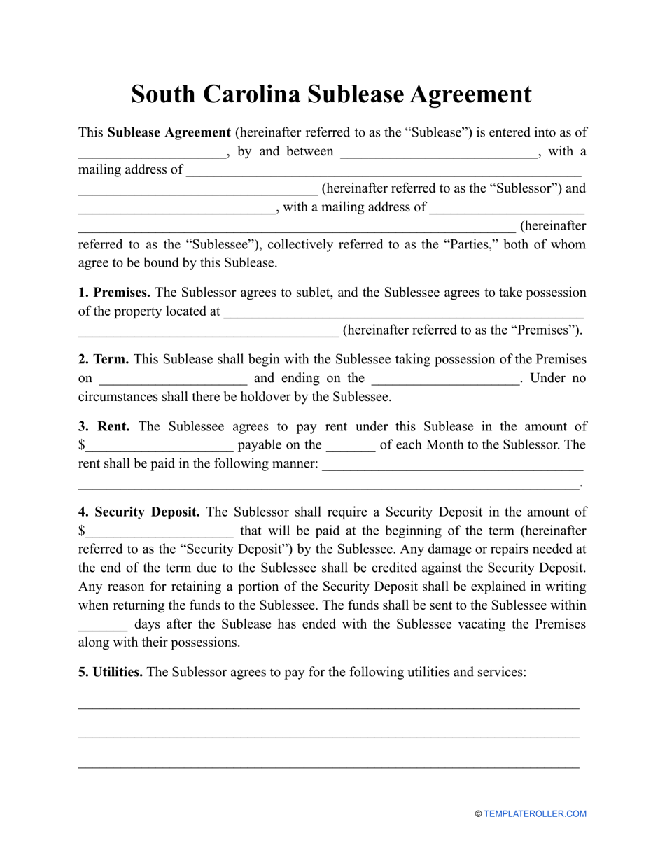 Sublease Agreement Template - South Carolina, Page 1