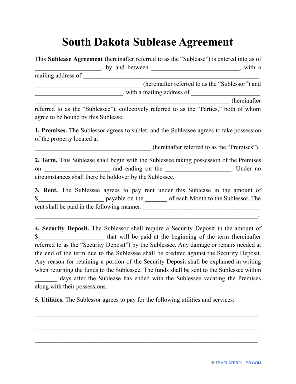 Sublease Agreement Template - South Dakota, Page 1