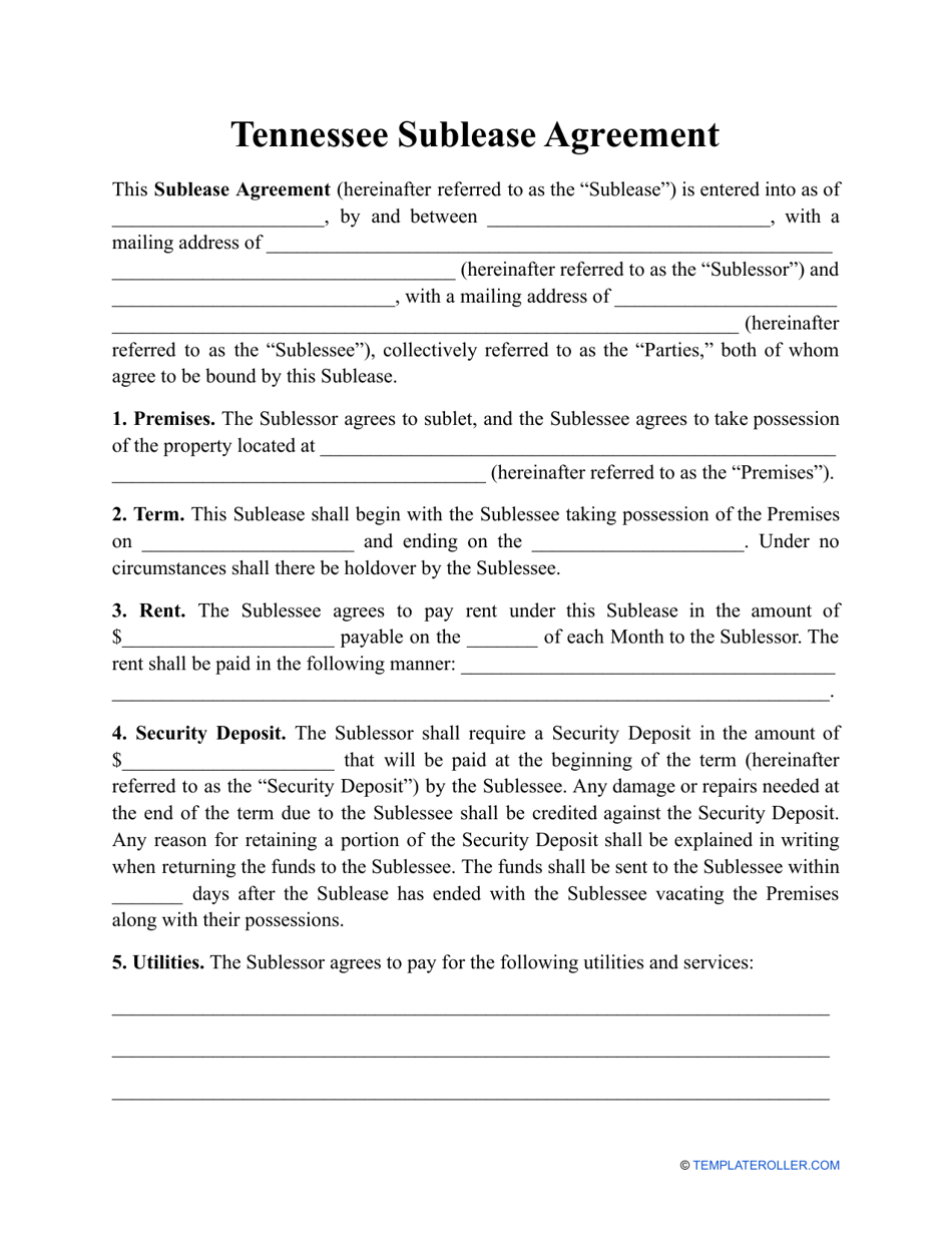 Sublease Agreement Template - Tennessee, Page 1