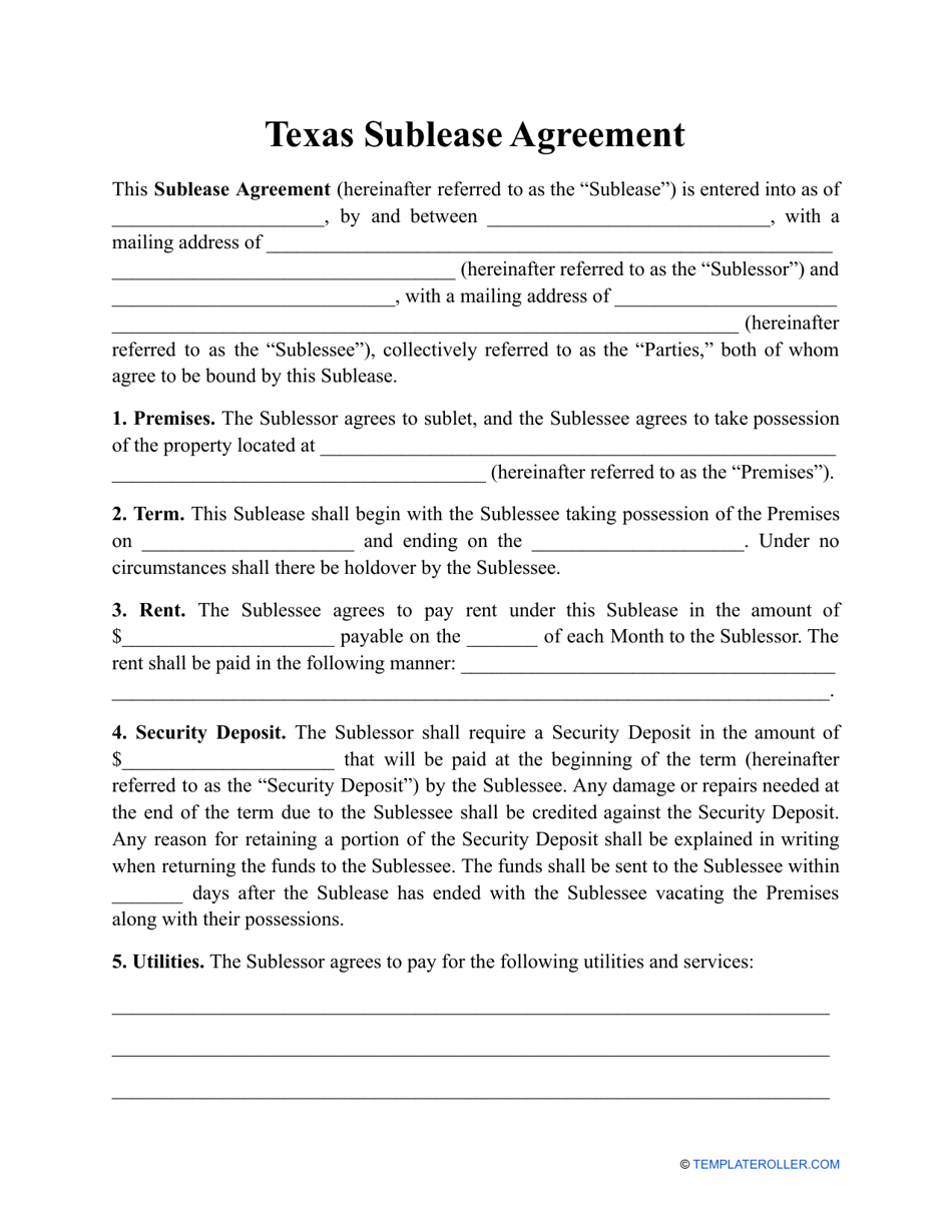 Sublease Agreement Template - Texas, Page 1