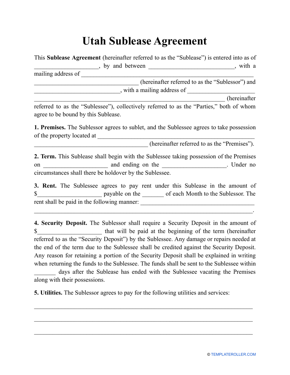 Sublease Agreement Template - Utah, Page 1