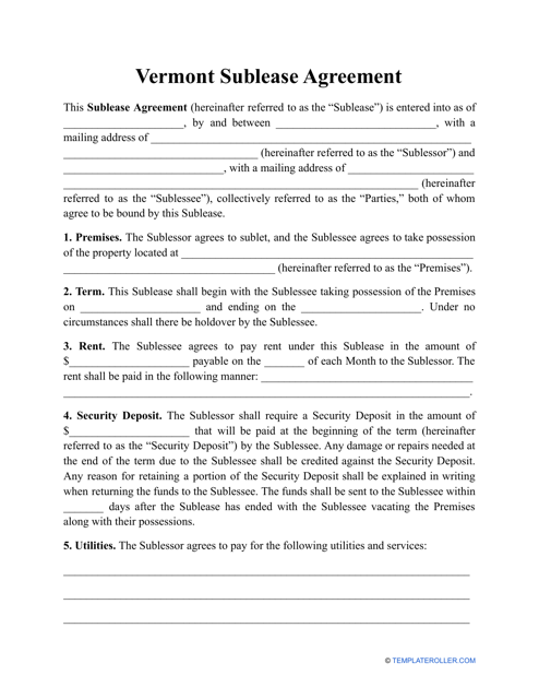 Sublease Agreement Template - Vermont Download Pdf