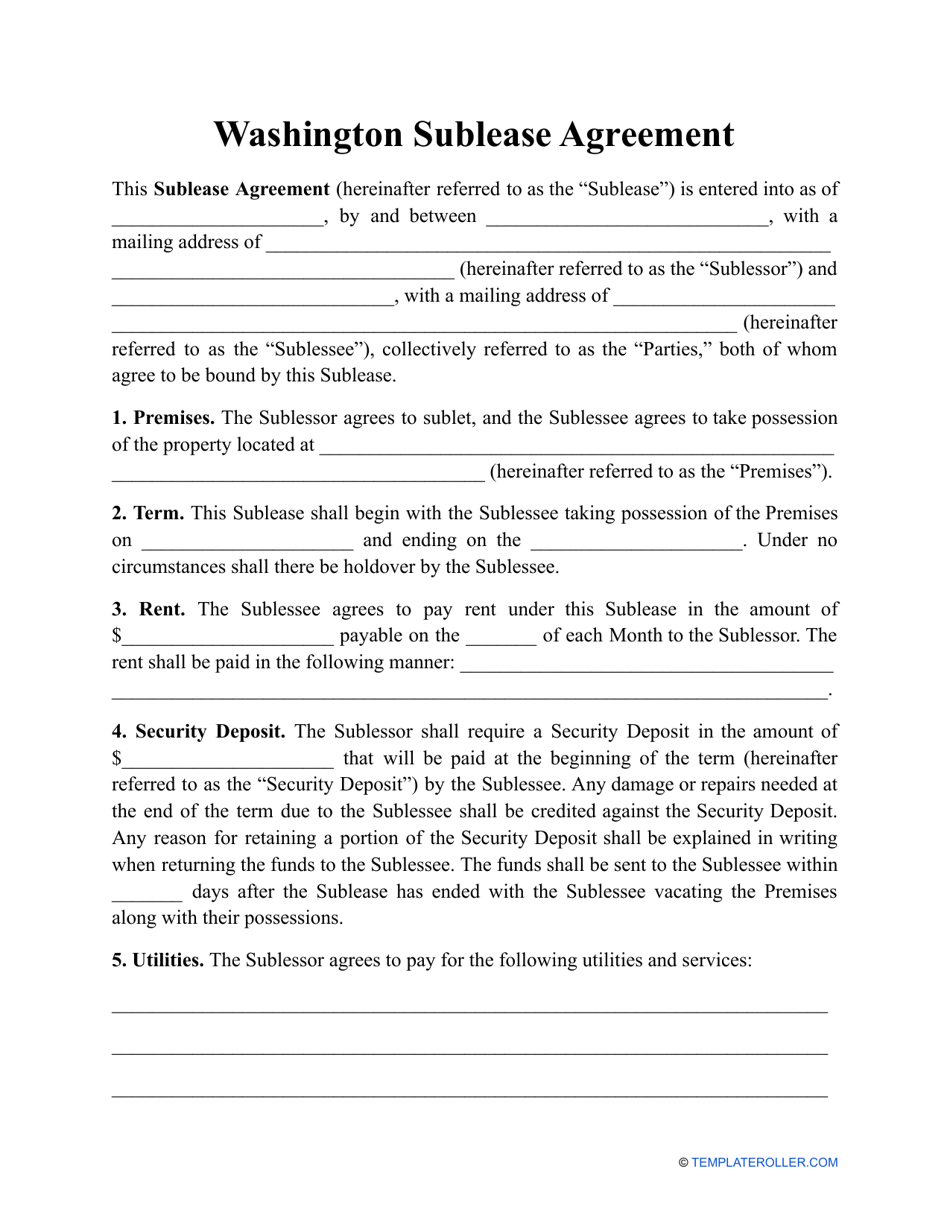 Sublease Agreement Template - Washington, Page 1