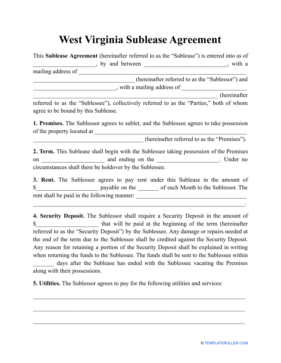 Sublease Agreement Template - West Virginia, Page 1