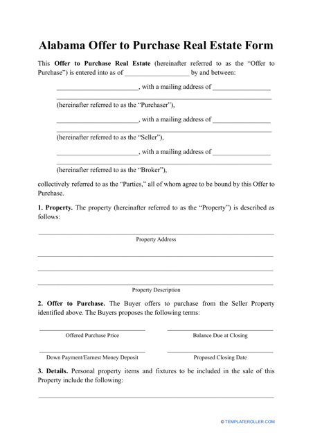 Offer to Purchase Real Estate Form - Alabama Download Pdf