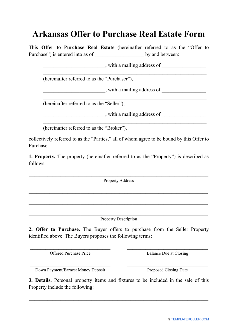 Offer to Purchase Real Estate Form - Arkansas, Page 1