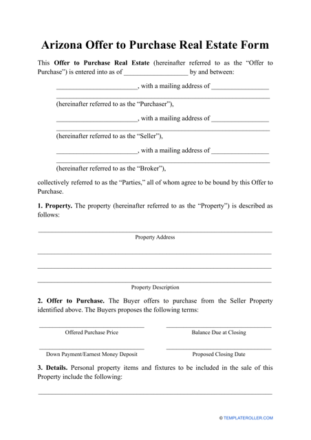 Offer to Purchase Real Estate Form - Arizona Download Pdf