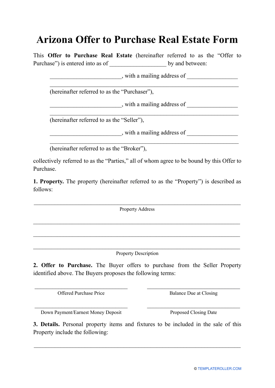 Offer to Purchase Real Estate Form - Arizona, Page 1