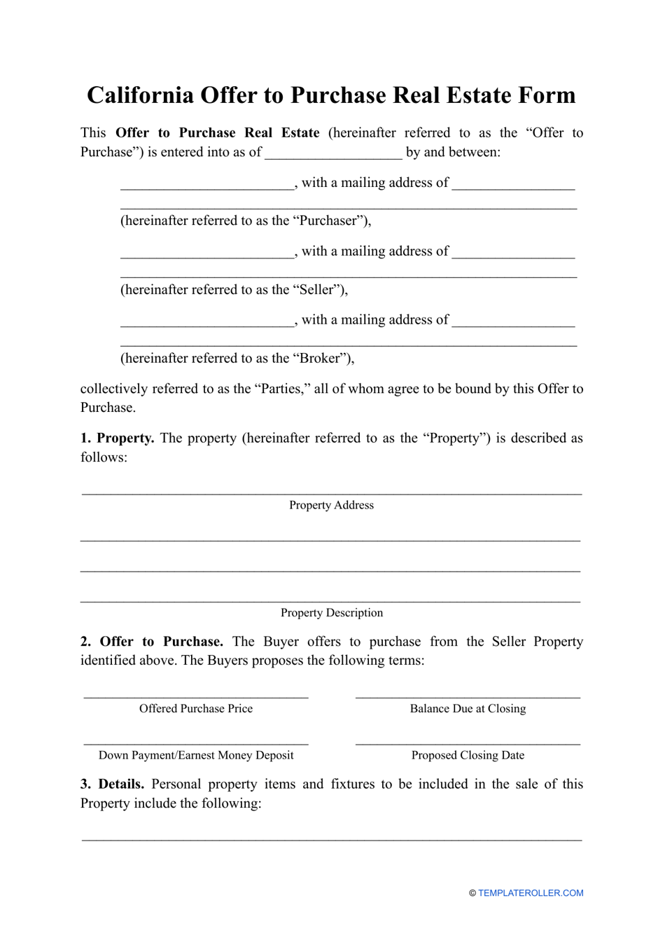 Offer to Purchase Real Estate Form - California, Page 1