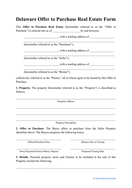 &quot;Offer to Purchase Real Estate Form&quot; - Delaware Download Pdf