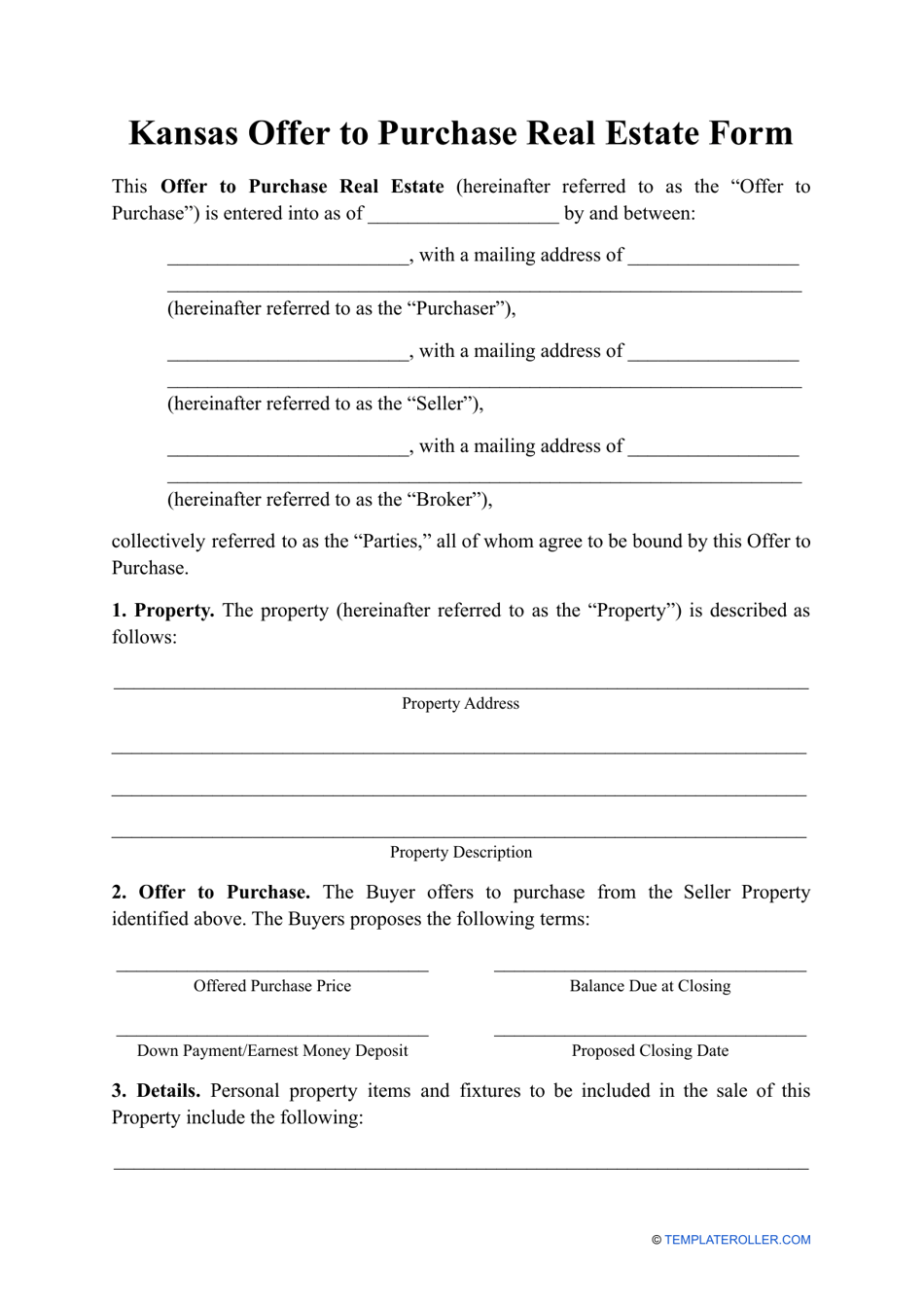 Offer to Purchase Real Estate Form - Kansas, Page 1