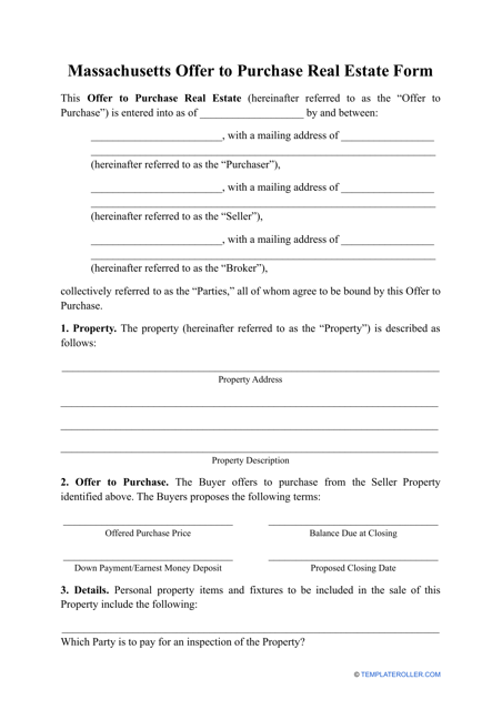 Offer to Purchase Real Estate Form - Massachusetts