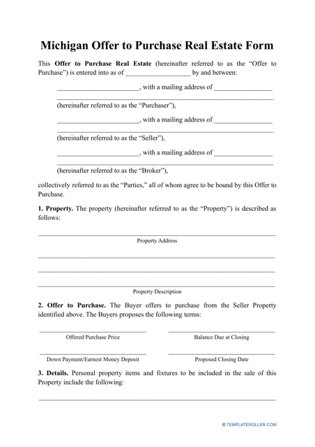 Offer to Purchase Real Estate Form - Michigan