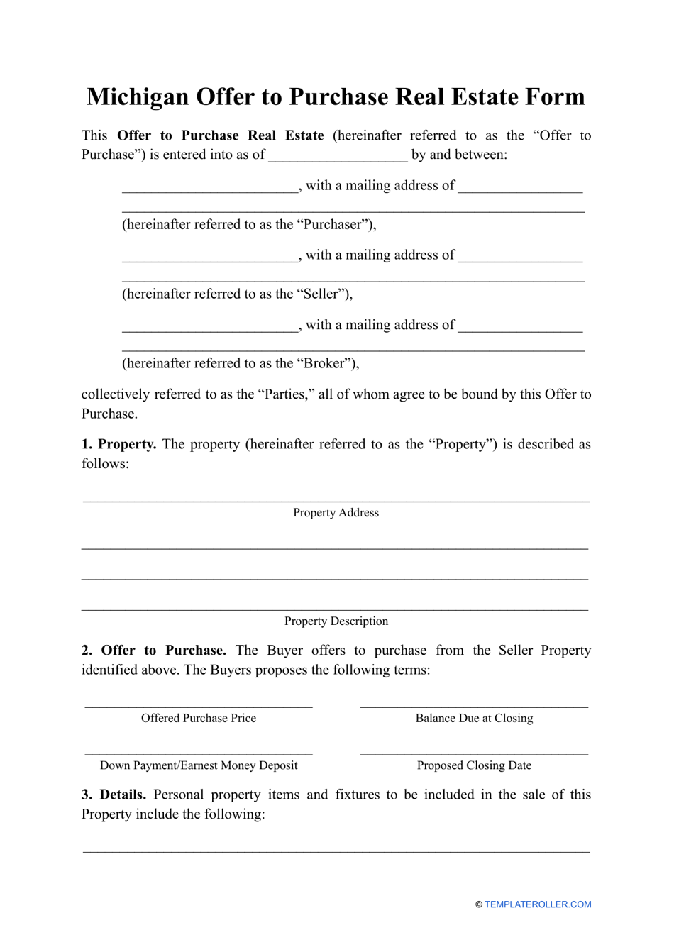 Offer to Purchase Real Estate Form - Michigan, Page 1
