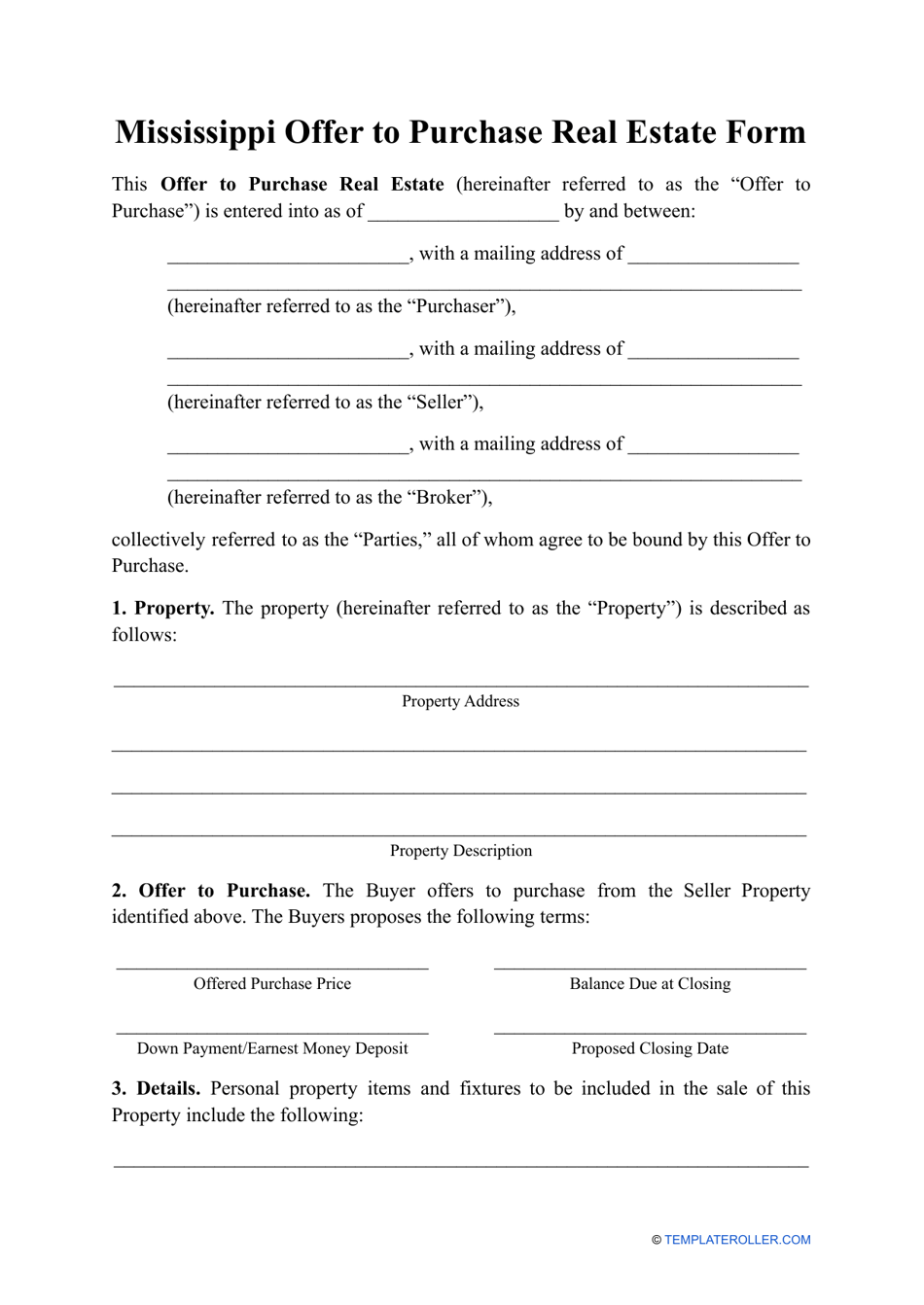 Mississippi Offer to Purchase Real Estate Form Fill Out, Sign Online and Download PDF