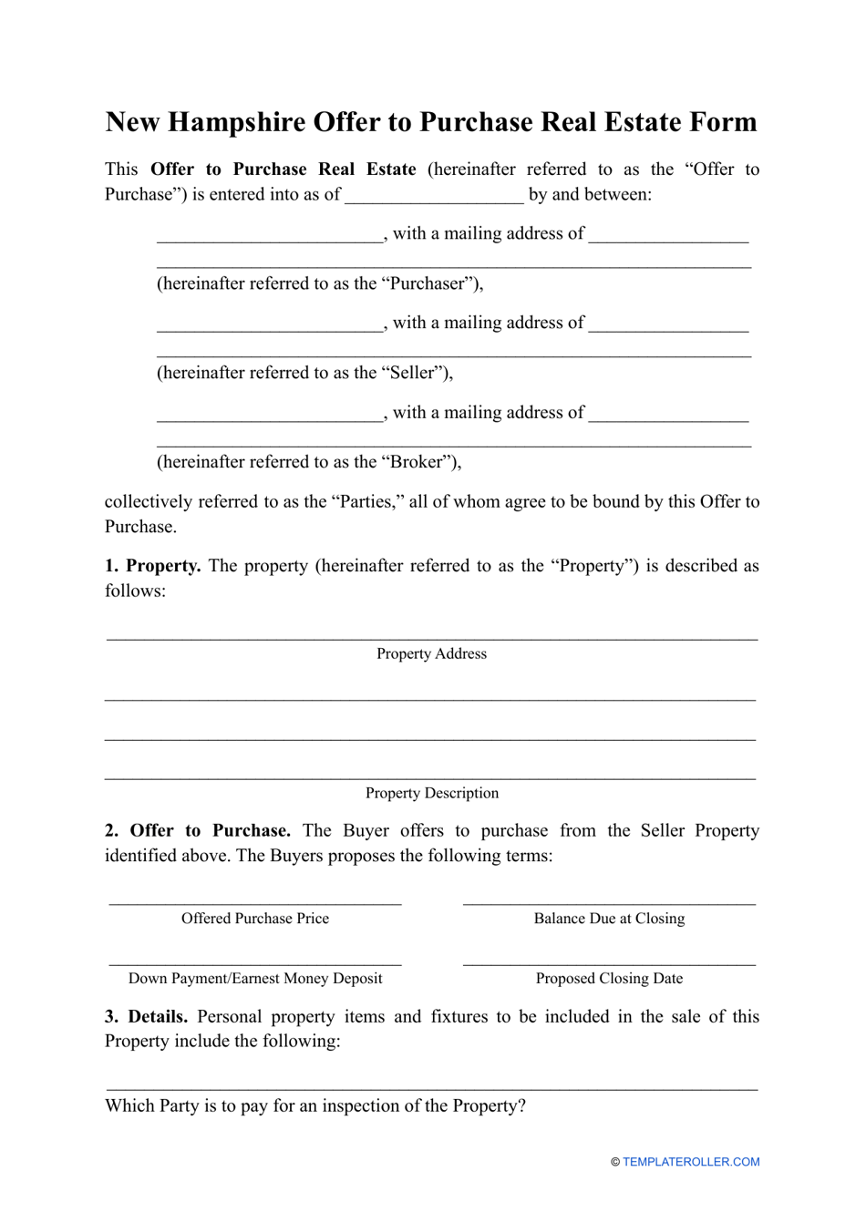 Offer to Purchase Real Estate Form - New Hampshire, Page 1