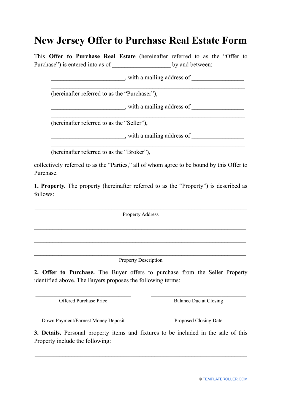 Offer to Purchase Real Estate Form - New Jersey, Page 1