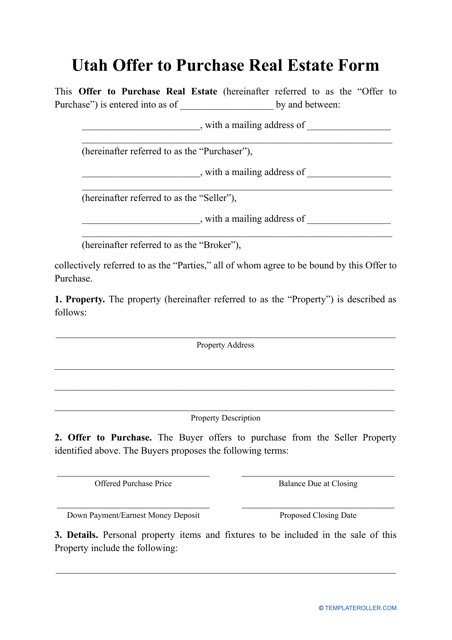Offer to Purchase Real Estate Form - Utah Download Pdf