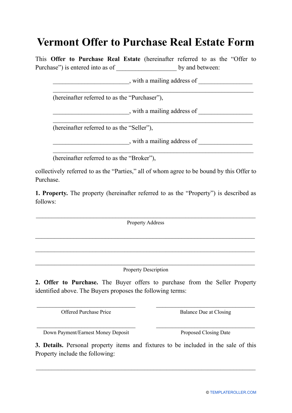 Offer to Purchase Real Estate Form - Vermont, Page 1