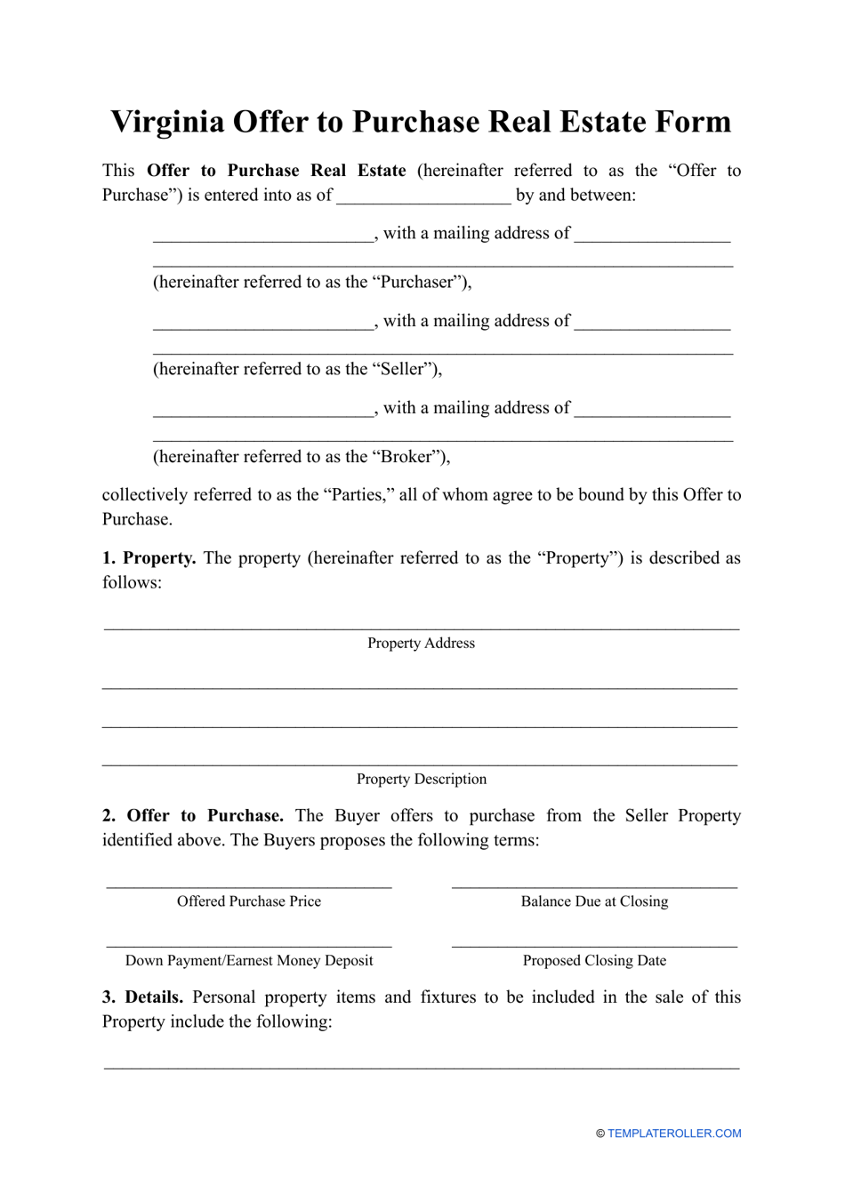 Virginia Offer to Purchase Real Estate Form Fill Out, Sign Online and