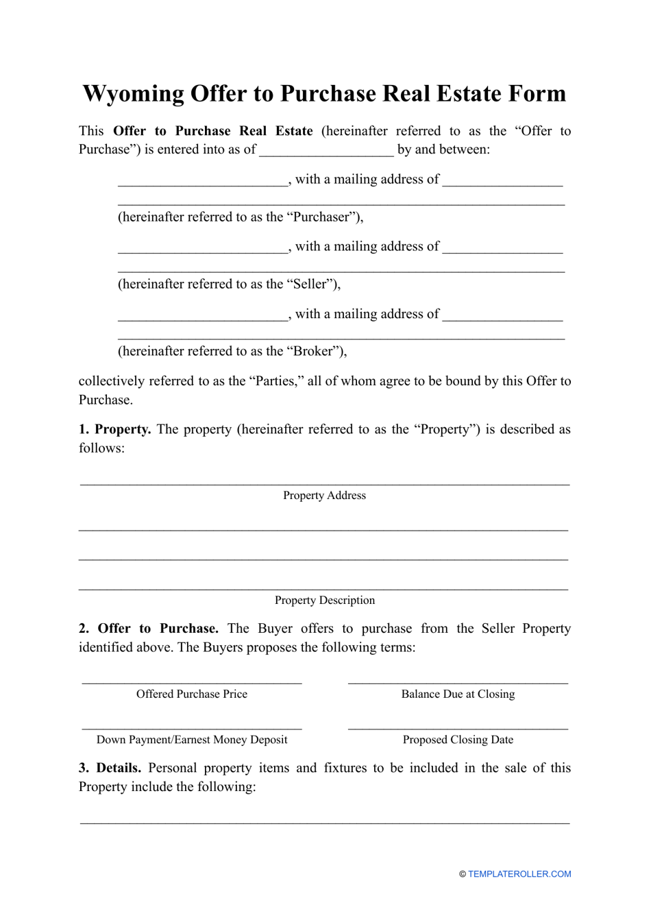 Offer to Purchase Real Estate Form - Wyoming, Page 1