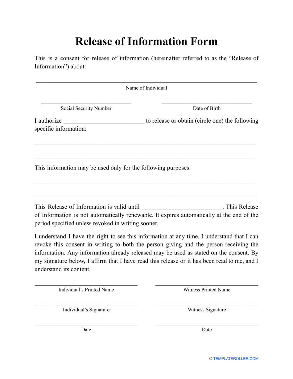 Release of Information Form, Page 1