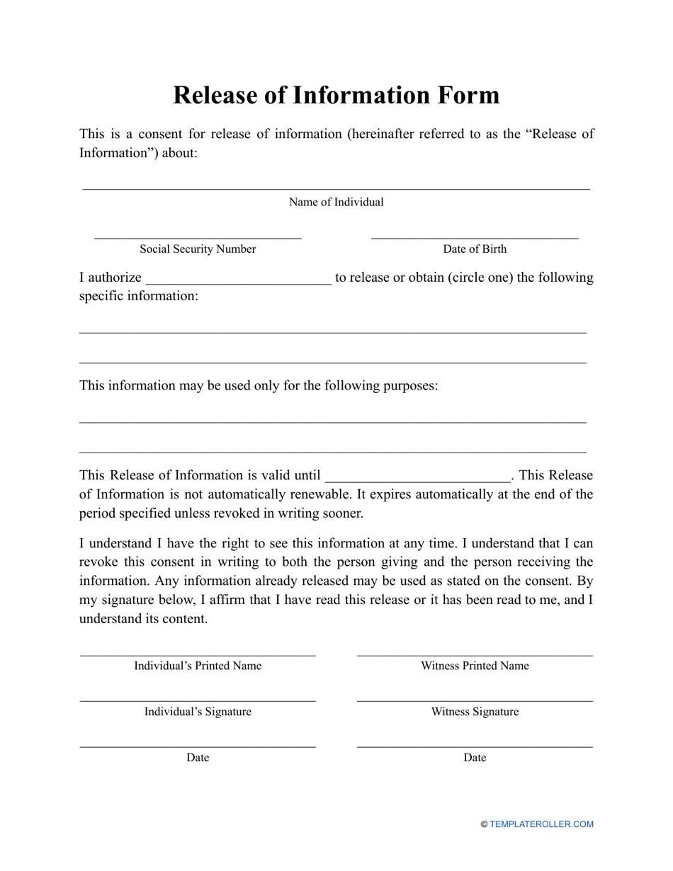 Release of Information Form Fill Out, Sign Online and Download PDF