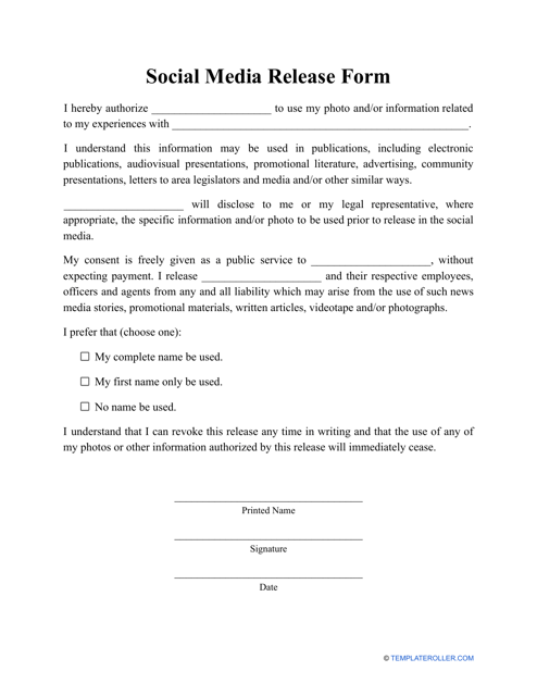 Social Media Release Form Fill Out Sign Online and Download PDF