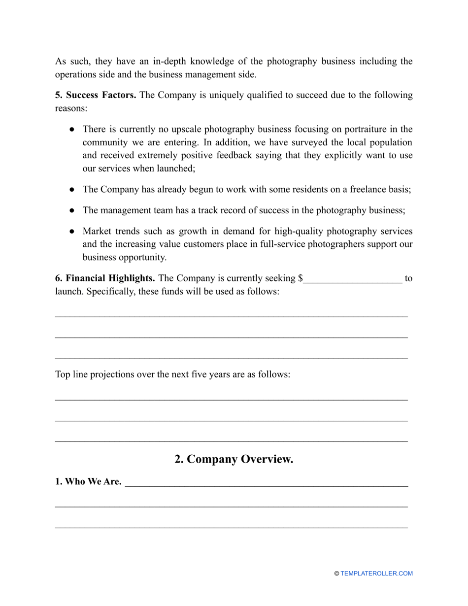 Photography Business Plan Template, Page 2