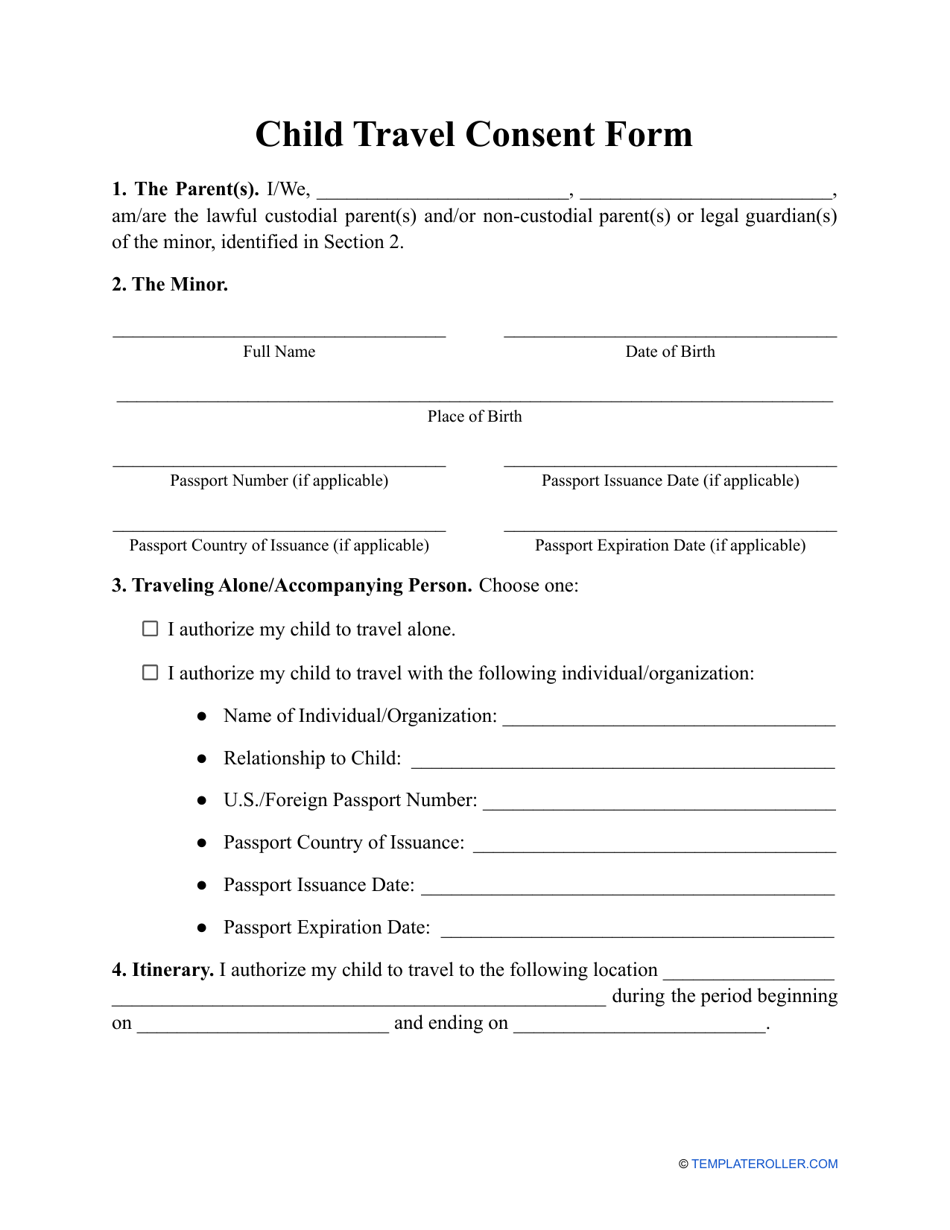 Child Travel Consent Form, Page 1