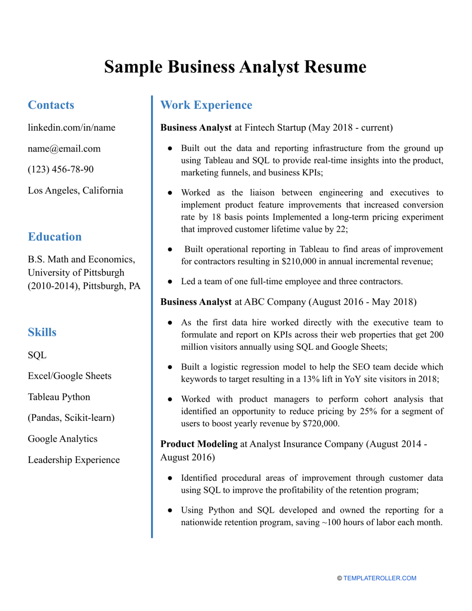 Sample Business Analyst Resume, Page 1