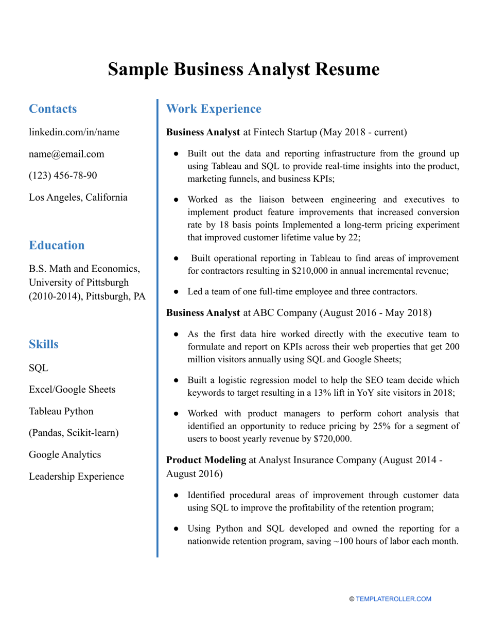 Sample Business Analyst Resume Download Printable Pdf Templateroller
