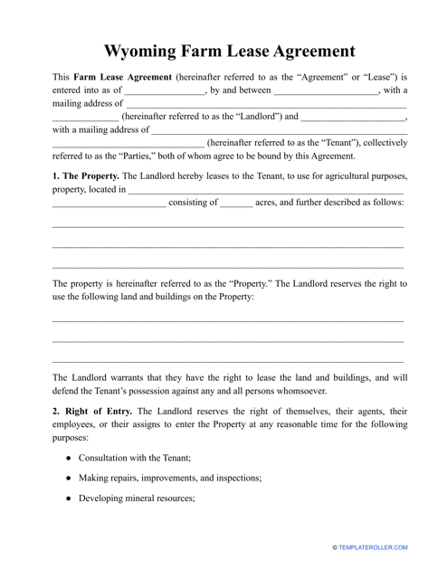 &quot;Farm Lease Agreement Template&quot; - Wyoming Download Pdf