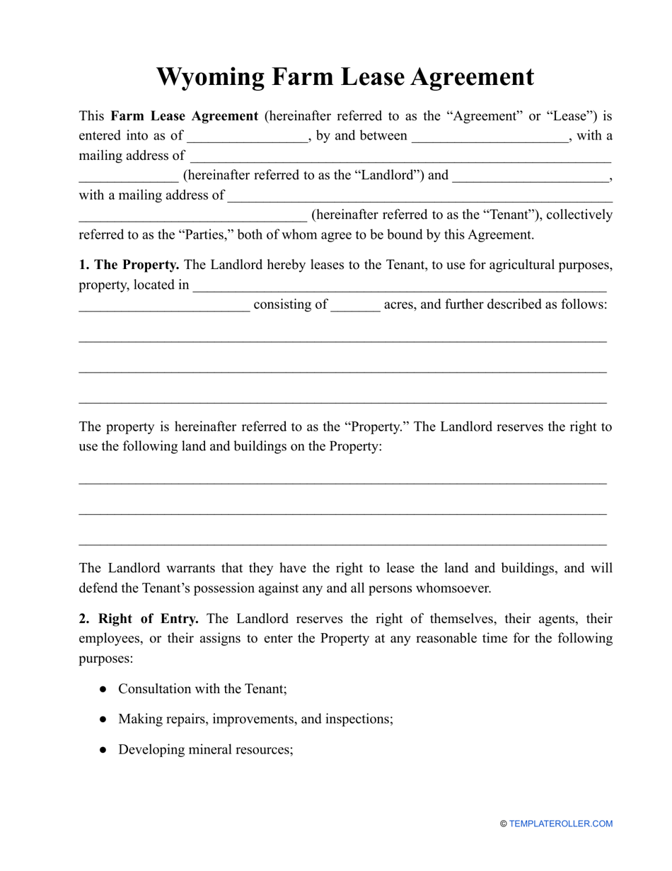Farm Lease Agreement Template - Wyoming, Page 1