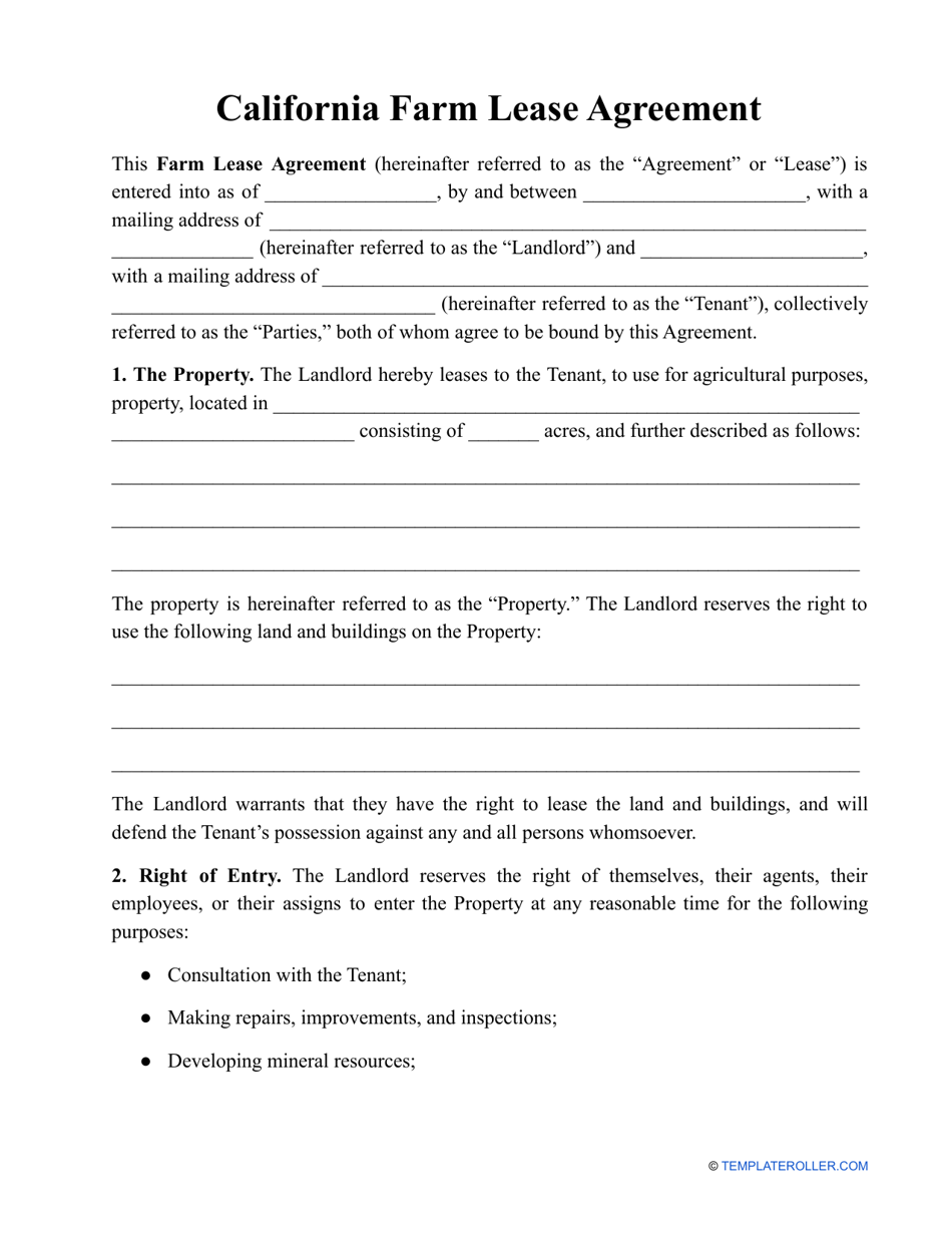 Farm Lease Agreement Template - California, Page 1