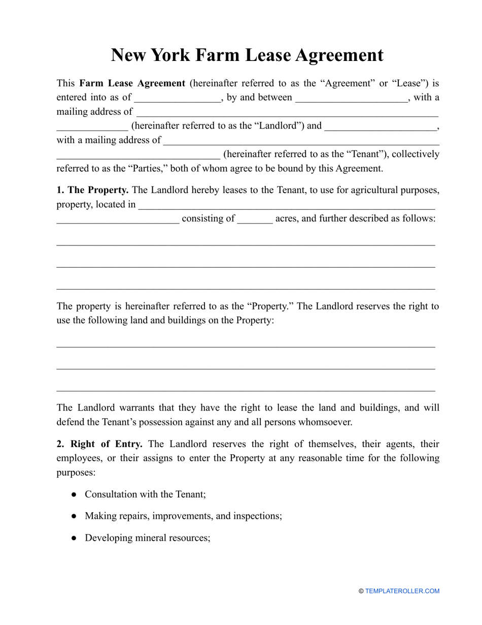 Farm Lease Agreement Template - New York, Page 1