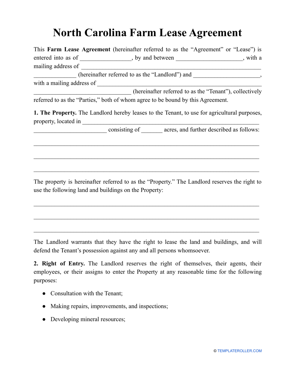 North Carolina Farm Lease Agreement Template Fill Out Sign Online
