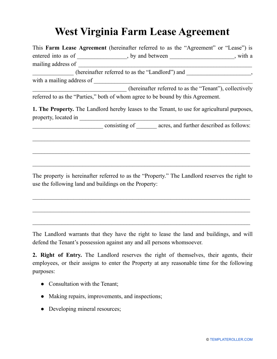 Farm Lease Agreement Template - West Virginia, Page 1