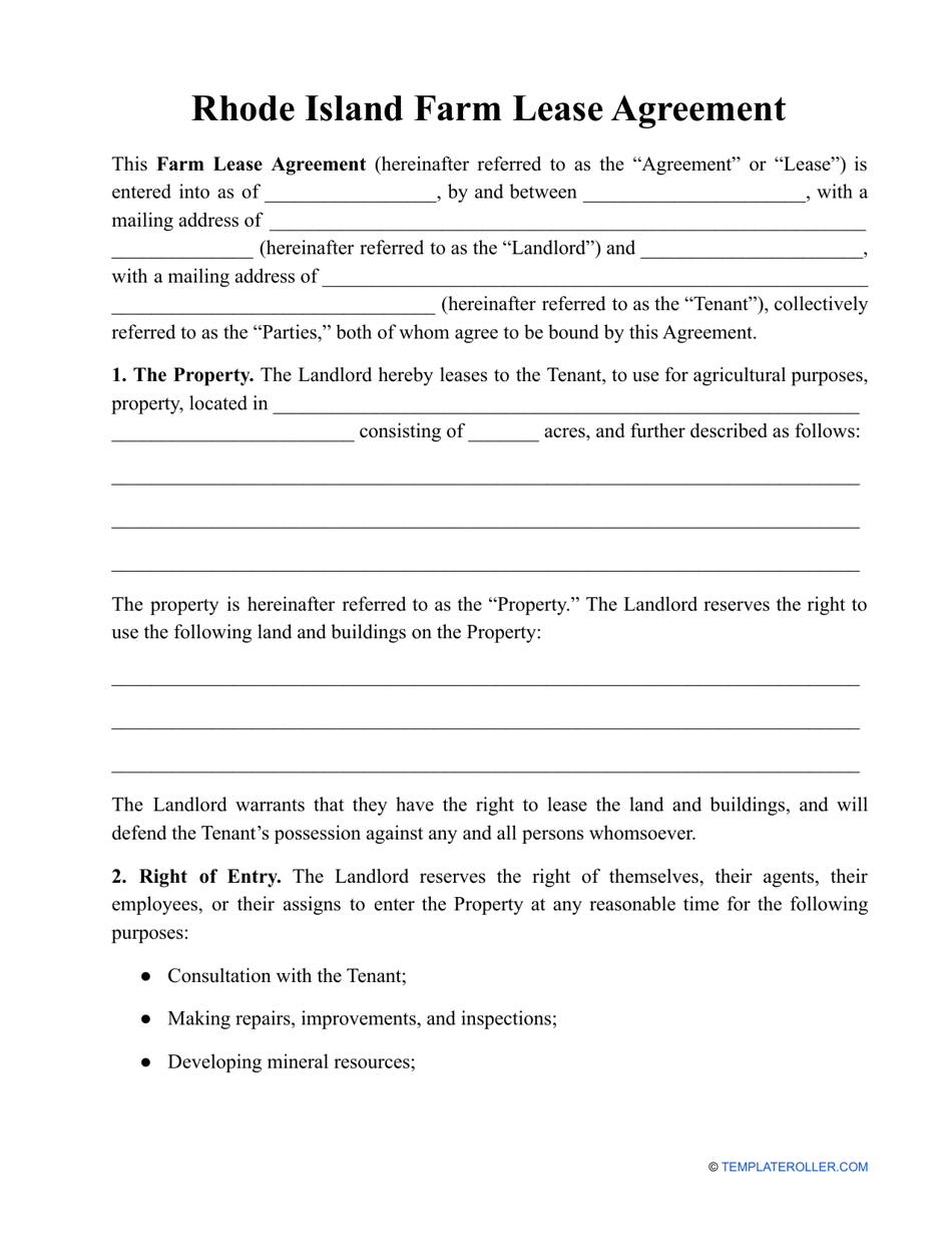 Farm Lease Agreement Template - Rhode Island, Page 1