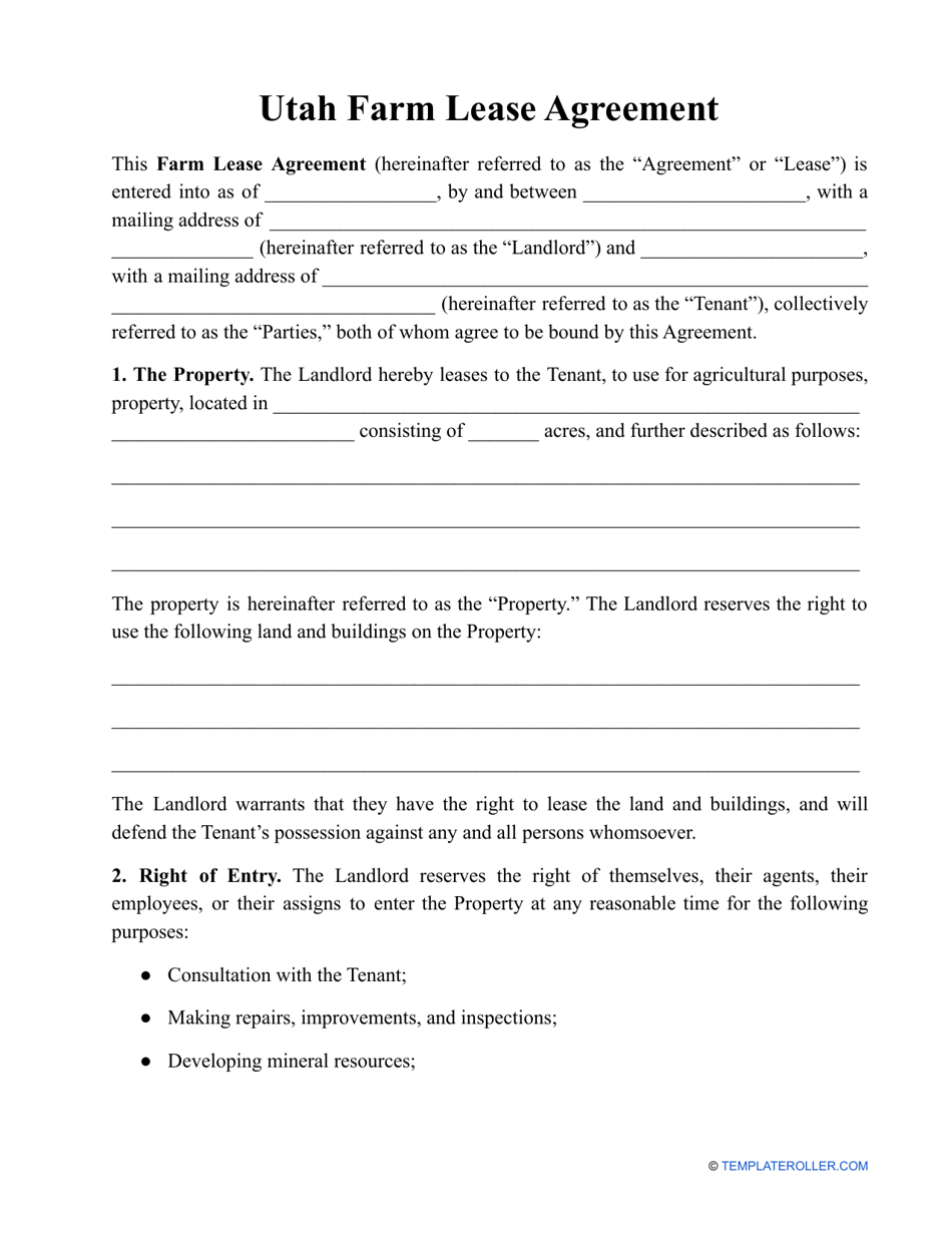 Farm Lease Agreement Template - Utah, Page 1