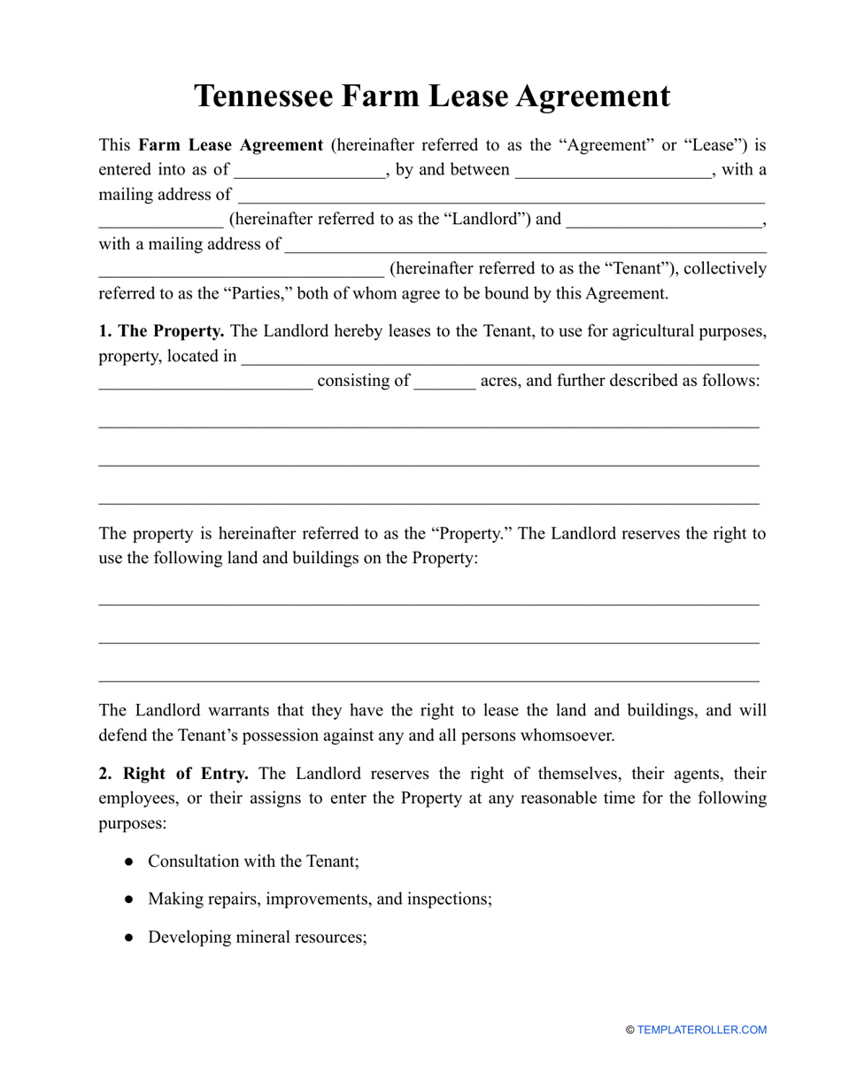 Farm Lease Agreement Template - Tennessee, Page 1