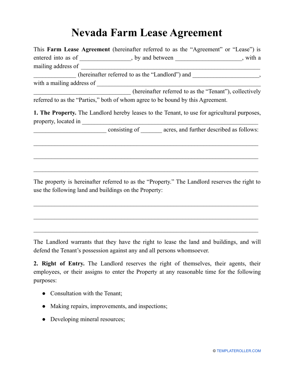 Farm Lease Agreement Template - Nevada, Page 1