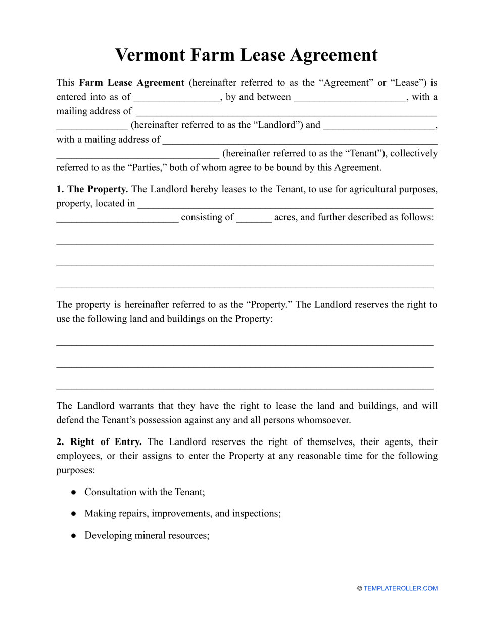 Vermont Farm Lease Agreement Template - Fill Out, Sign Online and ...