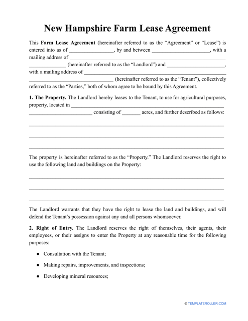 Farm Lease Agreement Template - New Hampshire Download Pdf