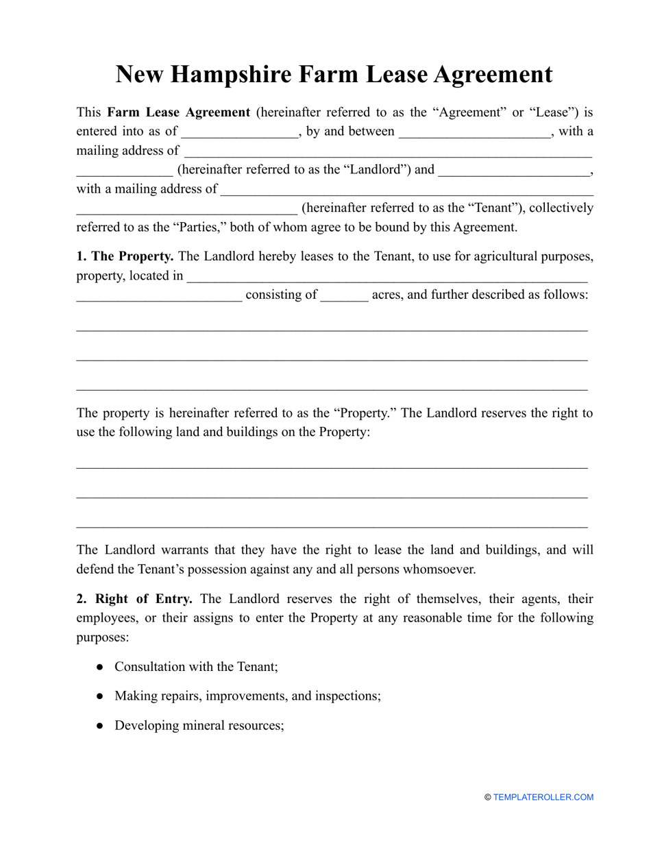 Farm Lease Agreement Template - New Hampshire, Page 1