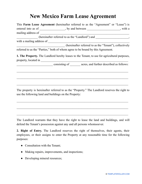 Farm Lease Agreement Template - New Mexico Download Pdf