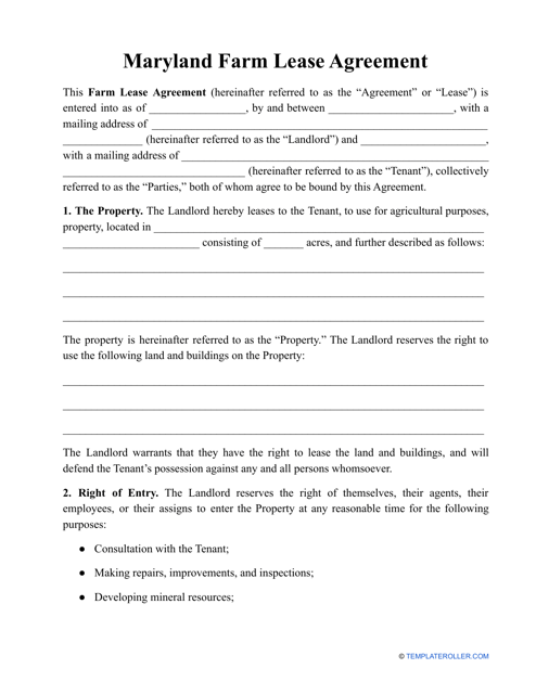 Farm Lease Agreement Template - Maryland Download Pdf