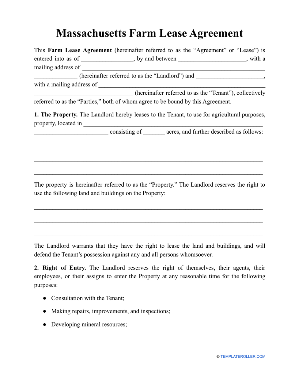 Farm Lease Agreement Template - Massachusetts, Page 1
