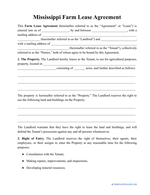 Farm Lease Agreement Template - Mississippi